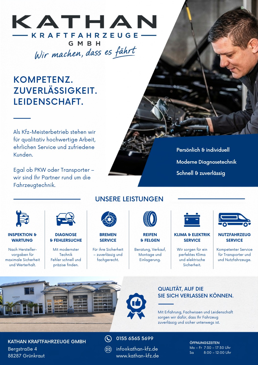 Flyer der Kathan Kraftfahrzeuge GmbH mit Leistungen, Kontaktdaten und Öffnungszeiten